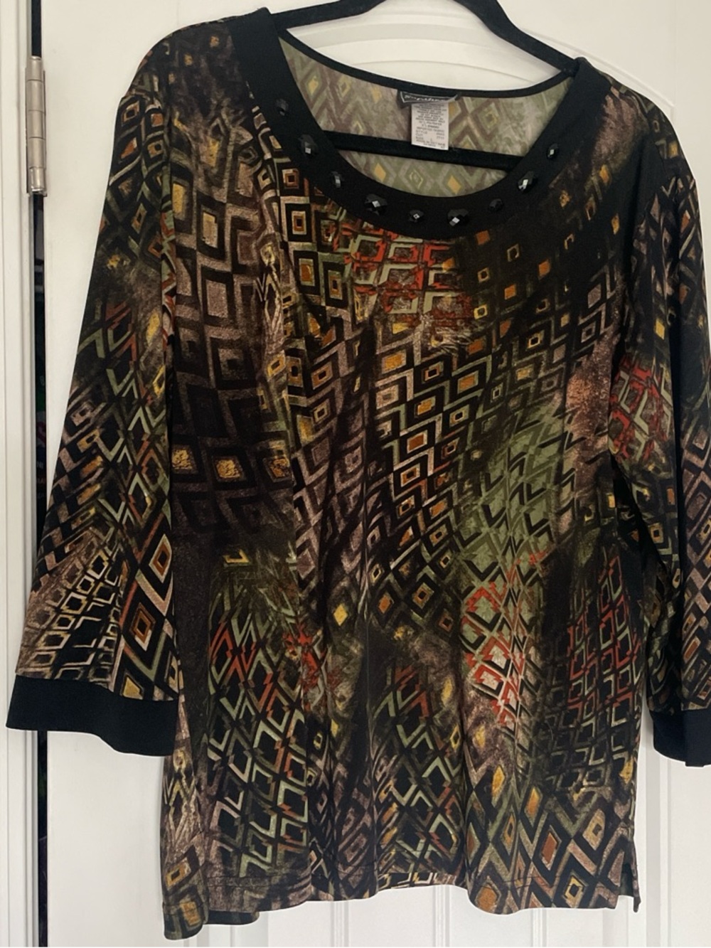Southern Lady Blouse Large Multicolor Geometric 3/4 Sleeve Embellished Top